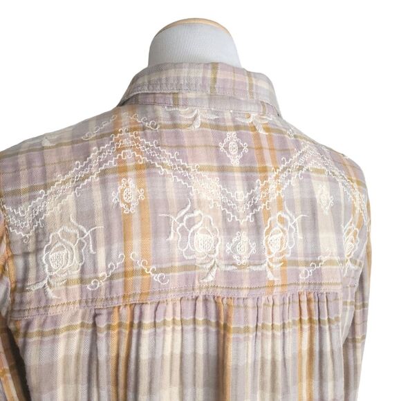 Free People Magical Plaid Embroidered Button Long Sleeve Top Gray & Orange Small - Picture 8 of 12